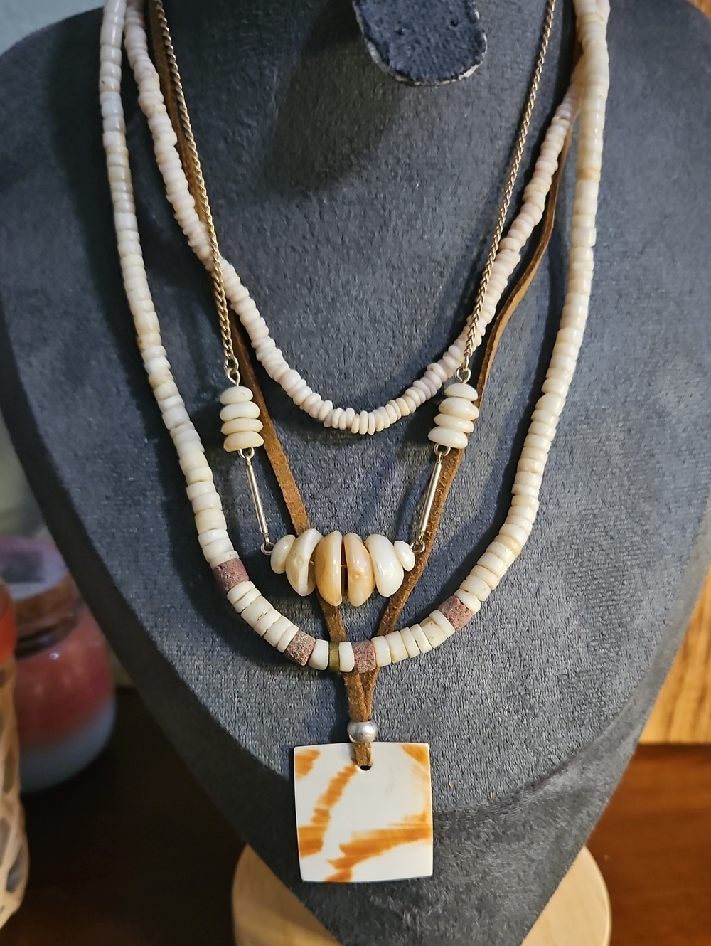 Boho Multi-Strand Cream Shell Pendant Necklace 4 Piece Set